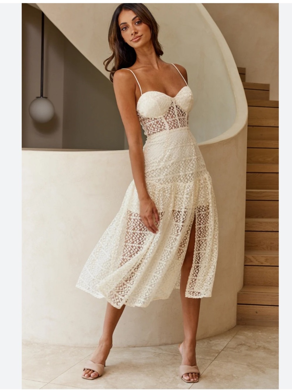Beige Lace Overlay Midi Dress Small